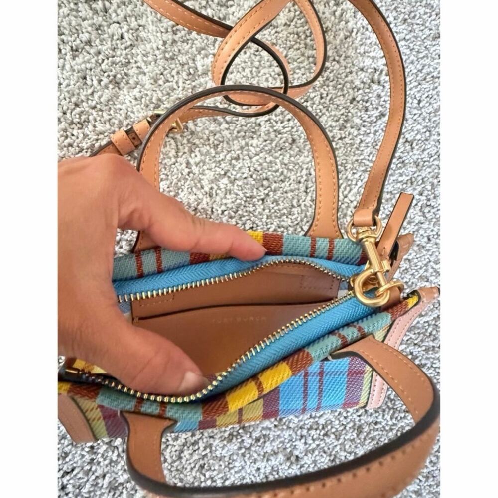 Tory Burch Ella Mini Plaid Top Handle Crossbody Tote Bag Multicolor Leather Trim - Picture 6 of 16